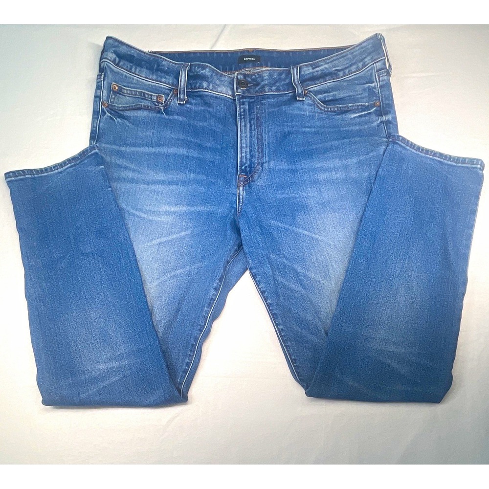 Express Men's Blue Denim Slim Straight Jeans Size 36 Medium Wash 5-Pocket